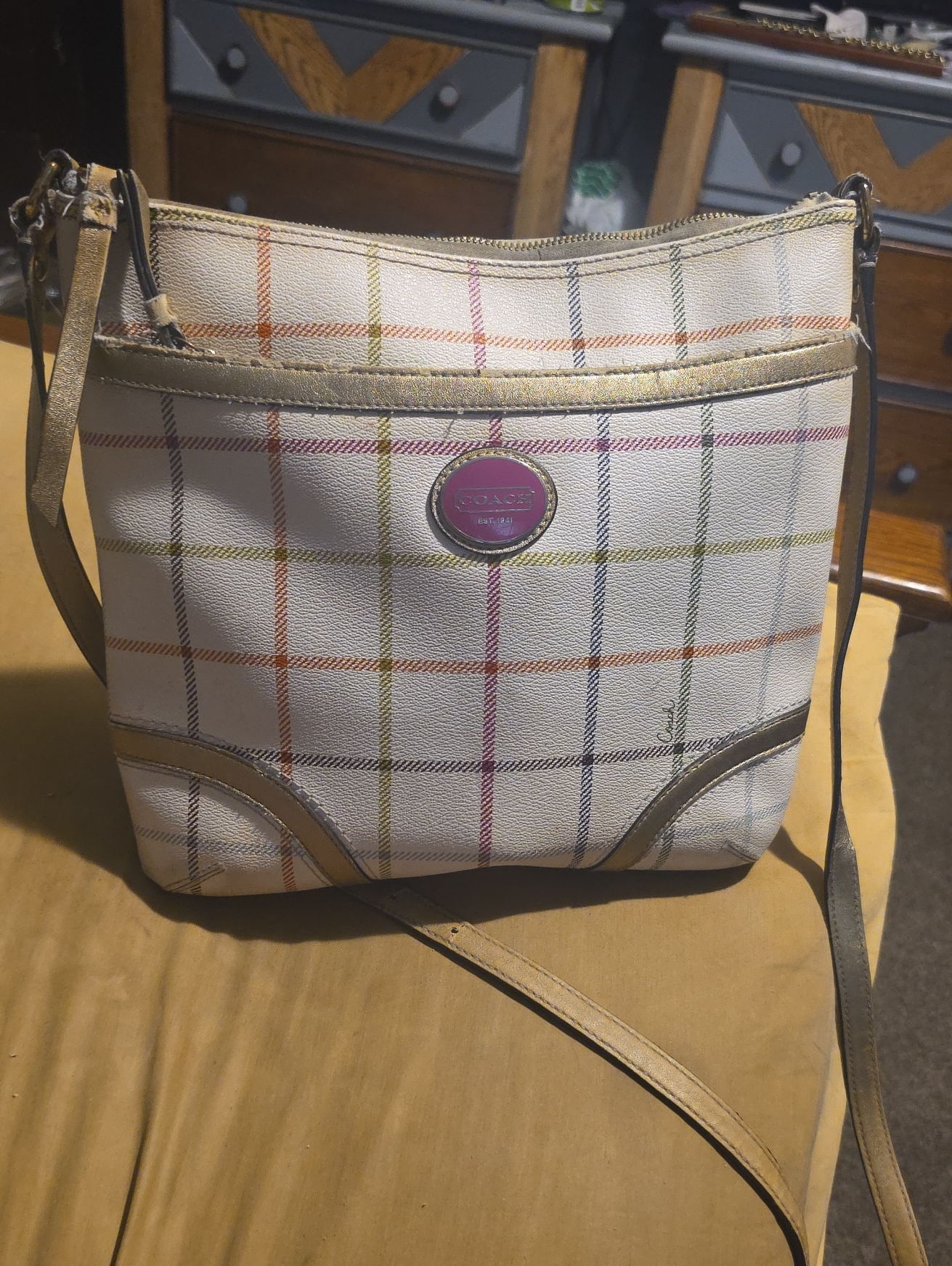 Coach Cream Tattersall Crossbody Messenger Bag Multicolor Plaid Trim